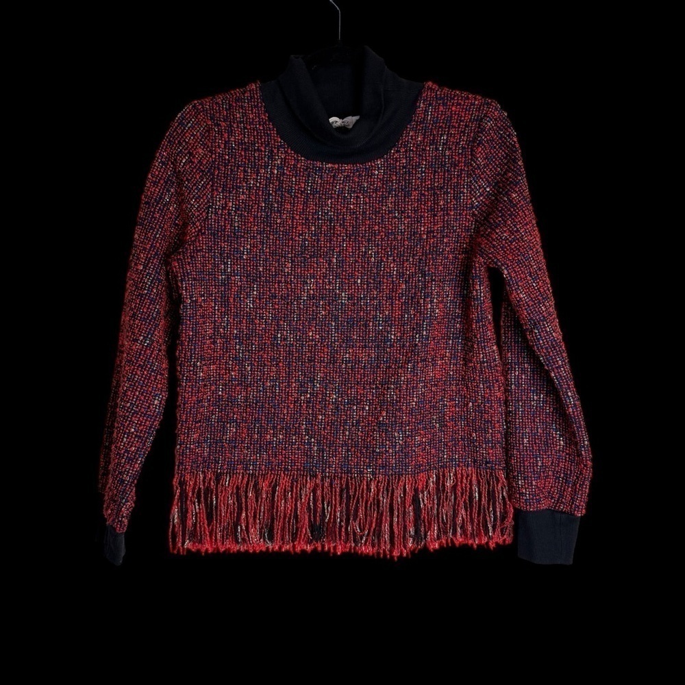 The Collective Tweed Red Black Metallic Mock Neck Long Sleeve Fringe Hem Top - Picture 14 of 14